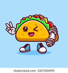 Vector illustration of kawaii taco cartoon character with barbell. Vector eps 10