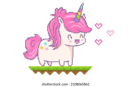 Vector illustration of a kawaii unicorn with hearts in pixel art style. Vector cute pixel unicorn with hearts in chibi style.