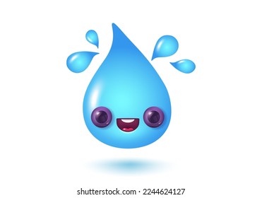 Vector illustration of kawaii water drop in 3D style. Vector icon of kawaii rain drop in realistic style.