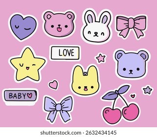 Vector illustration in kawaii Y2K doodle style: pastel pink background, cute animals, bows, cherries, stars, hearts, and playful handwritten lettering. Reflects the up-to-date maximalist kawaii trend.