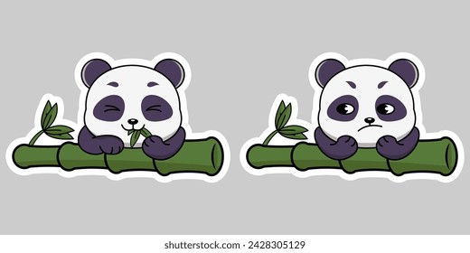 Vector illustration of a kawii panda cartoon sticker, on bamboo with a cute expression, perfect for business label stickers, etc