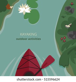 Vector illustration. Kayak, floating on the river. First-person view.