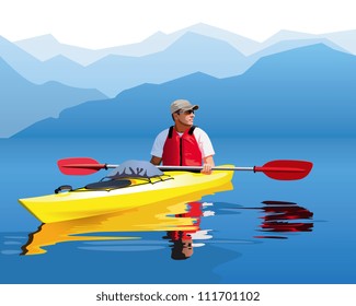 vector illustration of kayak on mountains background