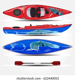 Vector illustration of kayak with paddle isolated on white background. Flat style design.