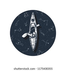 Vector illustration of a kayaking, canoeing or rafting boat with the oarsman. Top view, circle of blue water with stars and constellations reflections. Sport drawing, great t-shirt print.