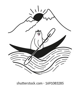 Vector illustration of a kayaking, canoeing or rafting boat with cute cartoon bear in hat. Doodle mountains, sun and waves. Funny extreme sport black and white print design with animal