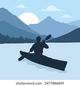 A vector illustration of Kayaking Man in a Lake Silhouette 