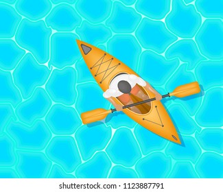 Vector illustration. Kayaking man. Rafting. Top view.