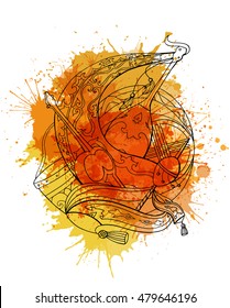 Vector illustration of Kazakh instruments with vibrant yellow watercolor splashes.
