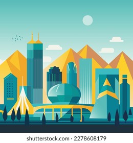 Vector illustration of Kazakhstan Astana in simple minimalistic geometric flat style - cityscape with buildings, mountains and trees - abstract horizontal banner