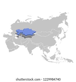 Vector illustration of Kazakhstan in blue on the grey model of Asia map.