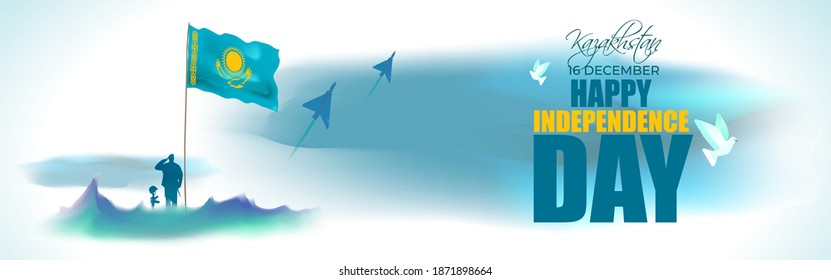 Vector illustration for Kazakhstan Independence day, national day, soldiers, flag hoisting, pigeon, mountain on abstract background with patriotic color theme.