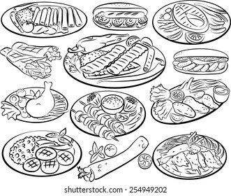 Vector illustration of kebab collection in line art mode