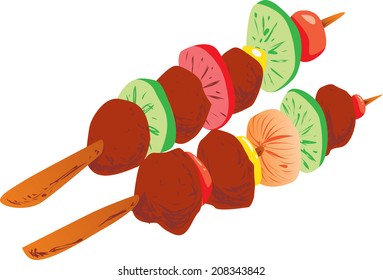 Vector illustration of kebab of meat and vegetables isolated on white
