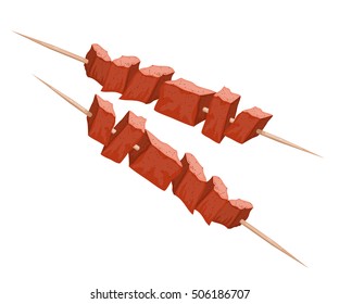 Vector illustration of kebab on wood skewers. Meat on the grill. Cartoon style kebab on a white background. Meat food. Traditional meat dish on fire