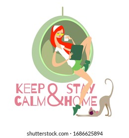 Vector illustration Keep calm and stay home. Girl and cat at home