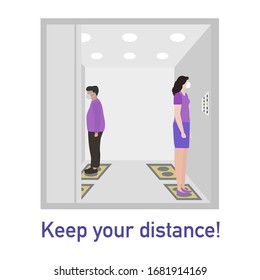 Vector illustration Keep distance. Social distancing. Chinese coronavirus COVID-19 Quarantine. Pandemic China virus Reducing risk of infection, disease prevention measures. People in masks in elevator