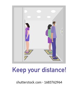 Vector illustration Keep distance. Social distancing. Chinese coronavirus COVID-19 Quarantine. Pandemic China virus Reducing risk of infection, disease prevention measures. People in masks in elevator