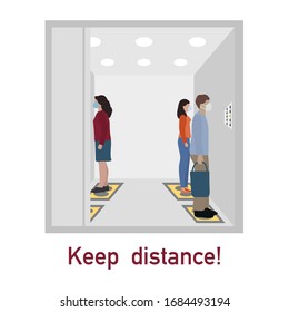 Vector illustration Keep distance. Social distancing. Chinese coronavirus COVID-19 Quarantine. Pandemic China virus Reducing risk of infection, disease prevention measures. People in masks in elevator
