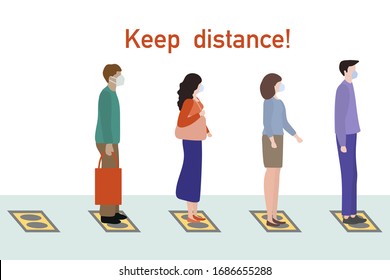 Vector illustration Keep distance. Social distancing. Chinese coronavirus COVID-19 People stand on special marks at distance from each other. Pandemic Reducing risk of infection, prevention measures