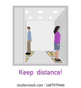 Vector illustration Keep distance. Social distancing. Chinese coronavirus COVID-19 Quarantine. Pandemic China virus Reducing risk of infection, disease prevention measures. People in masks in elevator