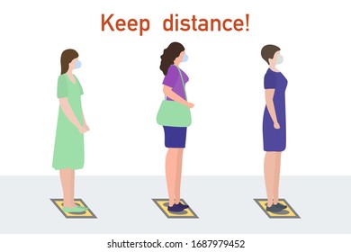 Vector illustration Keep distance. Social distancing. Chinese coronavirus COVID-19 People stand on special marks at distance from each other. Pandemic Reducing risk of infection, prevention measures