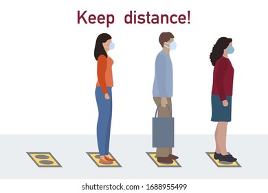 Vector illustration Keep distance. Social distancing. Chinese coronavirus COVID-19 People stand on special marks at distance from each other. Pandemic Reducing risk of infection, prevention measures