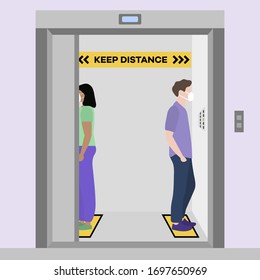Vector illustration Keep distance. Social distancing.  coronavirus COVID-19 Quarantine. Pandemic  virus Reducing risk of infection, disease prevention measures. People in masks in elevator