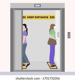 Vector illustration Keep distance. Social distancing in elevators.  coronavirus COVID-19 Quarantine. Pandemic virus Reducing risk of infection, disease prevention measures. People in masks in elevator