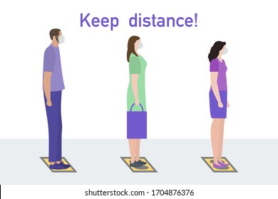 Vector illustration Keep distance. Social distancing.  coronavirus COVID-19 People stand on special marks at distance from each other. Pandemic Reducing risk of infection, prevention measures