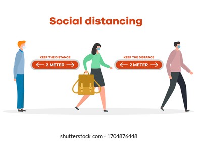 Vector illustration Keep distance. Social distancing.  coronavirus COVID-19 People in protective masks stand at distance from each other Pandemic Reducing risk of infection, prevention measures