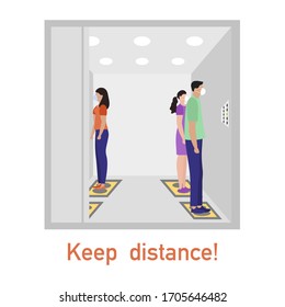 Vector illustration Keep distance. Social distancing.  coronavirus COVID-19 Quarantine. Pandemic  virus Reducing risk of infection, disease prevention measures. People in masks in elevator