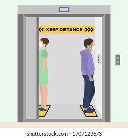 Vector illustration Keep distance. Social distancing.  coronavirus COVID-19 Quarantine. Pandemic  virus Reducing risk of infection, disease prevention measures. People in masks in elevator