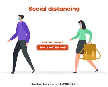 Vector illustration Keep distance. Social distancing.  coronavirus COVID-19 People in protective masks stand at distance from each other Pandemic Reducing risk of infection, prevention measures