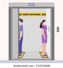 Vector illustration Keep distance. Social distancing.  coronavirus COVID-19 Quarantine. Pandemic  virus Reducing risk of infection, disease prevention measures. People in masks in elevator