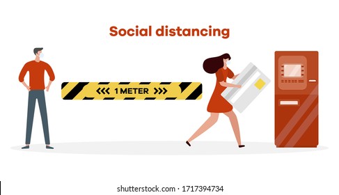 Vector illustration Keep distance. Social distancing.  coronavirus COVID-19 People in protective masks stand at distance from each other Pandemic Reducing risk of infection, prevention measures