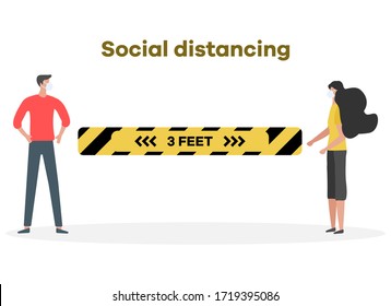 Vector illustration Keep distance. Social distancing.  coronavirus COVID-19 People in protective masks stand at distance from each other Pandemic Reducing risk of infection, prevention measures