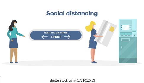 Vector illustration Keep distance. Social distancing.  coronavirus COVID-19 People in protective masks stand at distance from each other Pandemic Reducing risk of infection, prevention measures
