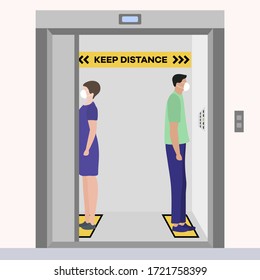 Vector illustration Keep distance. Social distancing.  coronavirus COVID-19 Quarantine. Pandemic  virus Reducing risk of infection, disease prevention measures. People in masks in elevator