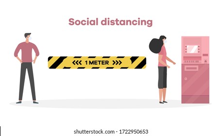 Vector illustration Keep distance. Social distancing.  coronavirus COVID-19 People in protective masks stand at distance from each other Pandemic Reducing risk of infection, prevention measures