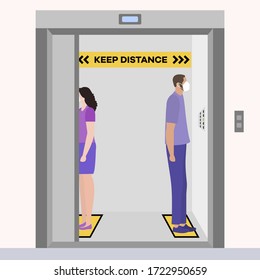 Vector illustration Keep distance. Social distancing.  coronavirus COVID-19 Quarantine. Pandemic  virus Reducing risk of infection, disease prevention measures. People in masks in elevator