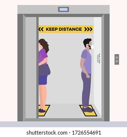 Vector illustration Keep distance. Social distancing.  coronavirus COVID-19 Quarantine. Pandemic  virus Reducing risk of infection, disease prevention measures. People in masks in elevator