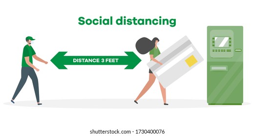 Vector illustration Keep distance. Social distancing.  coronavirus COVID-19 People in protective masks stand at distance from each other Pandemic Reducing risk of infection, prevention measures