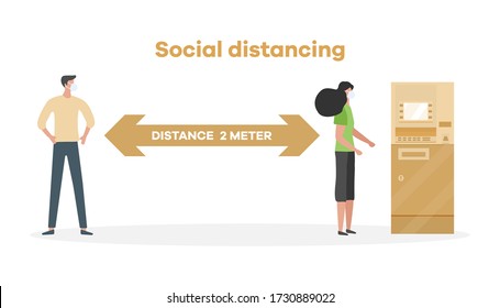 Vector illustration Keep distance. Social distancing.  coronavirus COVID-19 People in protective masks stand at distance from each other Pandemic Reducing risk of infection, prevention measures