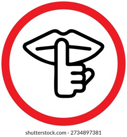 Vector illustration of a "keep quiet" prohibition sign featuring a finger-to-lips gesture inside a red circle with a diagonal line. Suitable for libraries, offices, meeting rooms, hospitals, schools, and quiet zone signs. Clean, flat icon design, isolated on a white background.