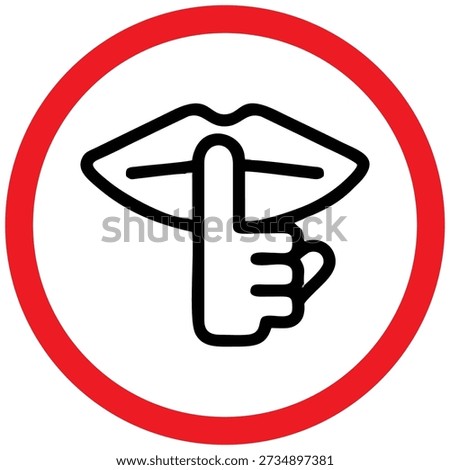 Vector illustration of a "keep quiet" prohibition sign featuring a finger-to-lips gesture inside a red circle with a diagonal line. Suitable for libraries, offices, meeting rooms, hospitals, schools, and quiet zone signs. Clean, flat icon design, isolated on a white background.