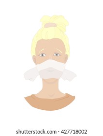 Vector illustration "Keep silence" - a head of a kidnapped girl with gag over mouth.