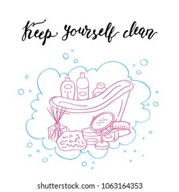 Vector illustration with keep your hands clean lettering and hand drawn doodle bathroom elements with foam and bubbles