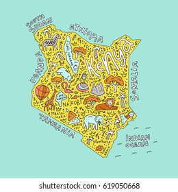 The vector illustration of a Kenya country map with the symbols and  lettering. 