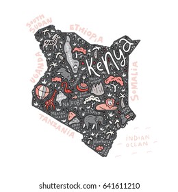 The vector illustration of a Kenya country map with the symbols and  lettering. 